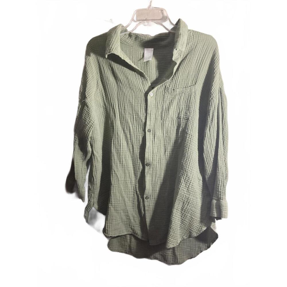 Kona Sol Stylish Light  Cotton Gauze Green Button-Up Shirt L